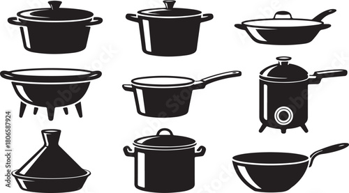 Assortment of Nine Cooking Pots and Pans Silhouettes for Kitchenware cookware