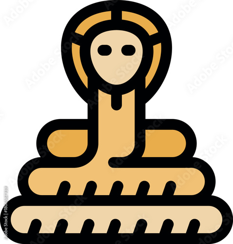 Cobra snake showing hood, crawling serpent coiled on basket, dangerous reptile, wildlife icon, simple color outline