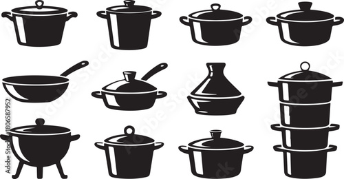Assorted Black Silhouette Cooking Pots Pans and Utensils on White Background kitchen