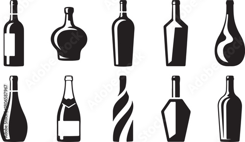 Variety of Black Silhouette Bottles for Wine Spirits and Beverages on White Background glass container