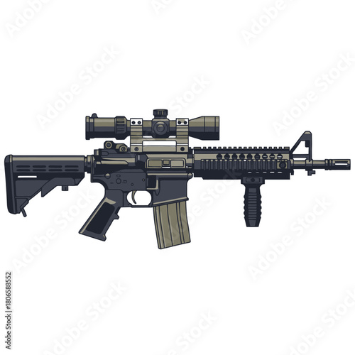 Detailed tactical assault rifle illustration with scope, ideal for military simulations, gaming content, or educational resources about firearms