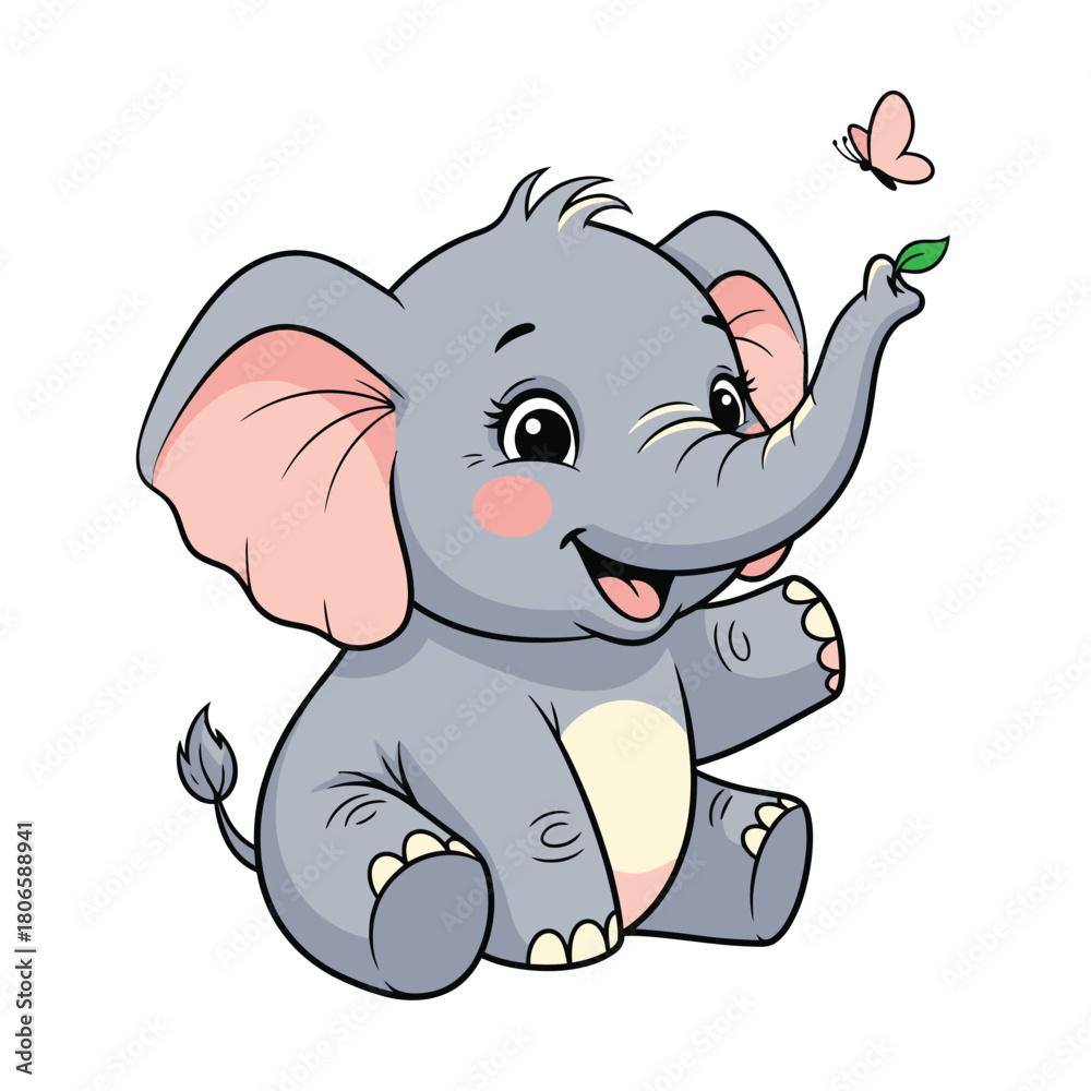 Fototapeta premium Adorable baby elephant with playful butterfly, a whimsical design perfect for children's books, party invitations, and nursery decor, scalable vector art