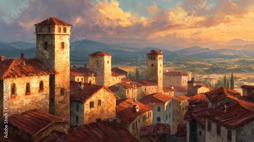 Medieval Tuscan town bathed in sunset light featuring distant stone towers