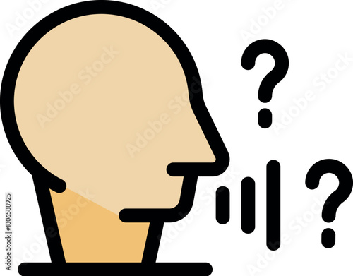 Profile of a human head with sound waves and question marks, representing asking questions and seeking answers