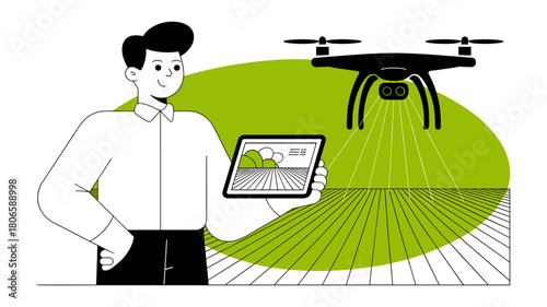 man using a tablet to control a drone over a field, vector illustration for smart farming and precision agriculture
