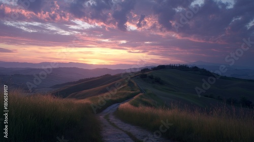 Sunrise illuminating a gentle hill in the Italian countryside with a winding path leading to a golden horizon and soft clouds