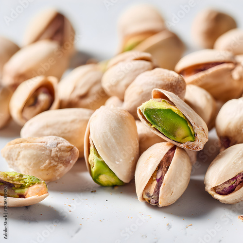 Closeup of pistachios isolated on white background, showcasing their creamy texture, vibrant green color, and the slightly opened shells revealing the nut inside