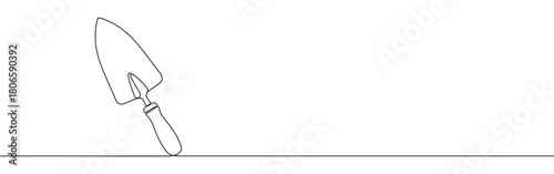 A continuous one-line drawing of a garden trowel, representing gardening, planting, and nature