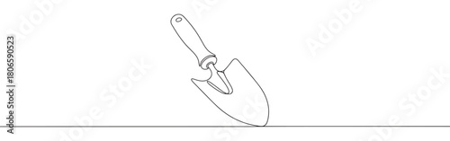A continuous one-line drawing of a garden trowel, representing gardening, planting, and nature