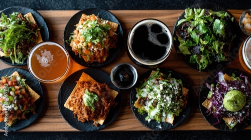 Assorted gourmet tacos with salads and various craft beers served on black plates and wooden board in restaurant setting