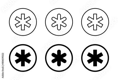 Typographic asterisk icon set in circular outline. Six pointed star shapes symbol
