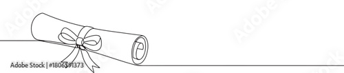 A continuous one-line drawing of a rolled diploma with a ribbon, symbolizing graduation, achievement, and education