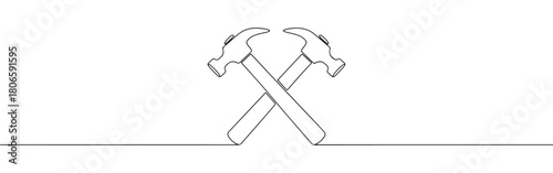 A continuous one-line drawing of two crossed hammers, symbolizing construction, teamwork, and hard work