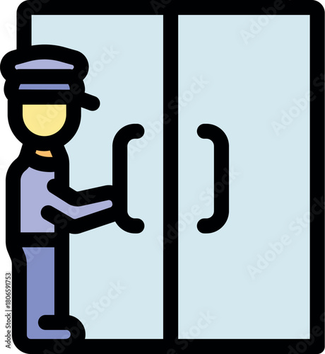 Hotel security guard opening double doors, ensuring access control and maintaining a secure environment