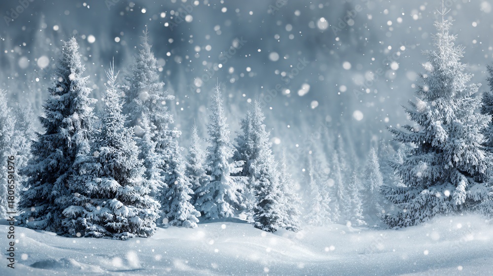 Fototapeta premium Snowflakes fall gently over a winter landscape with evergreen trees. The scene is serene and captures the essence of a snowy day.