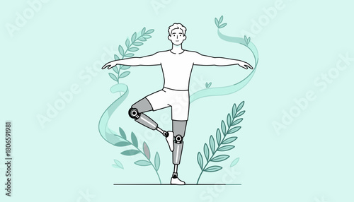 Young man with prosthetic legs practicing balance in athletic pose  