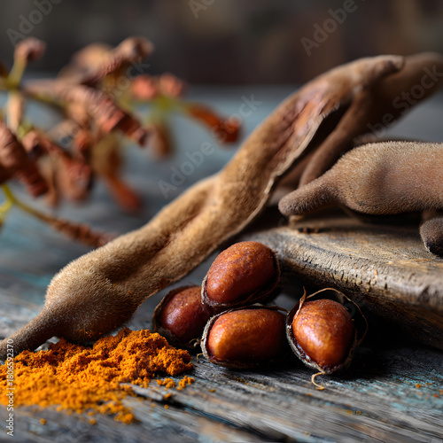 Closeup of huauzontle seeds and powder on a rustic wooden surface, showcasing their natural texture and vibrant color, with dried plant elements