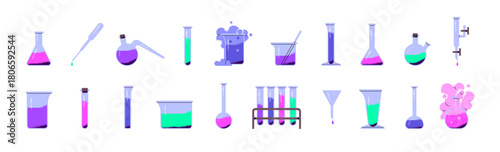 Set of different chemistry beakers. Glass flasks for chemical experiments. Tubes with liquids for laboratory tests. Jars, reagents, lab equipment. Flat isolated vector illustration on white background