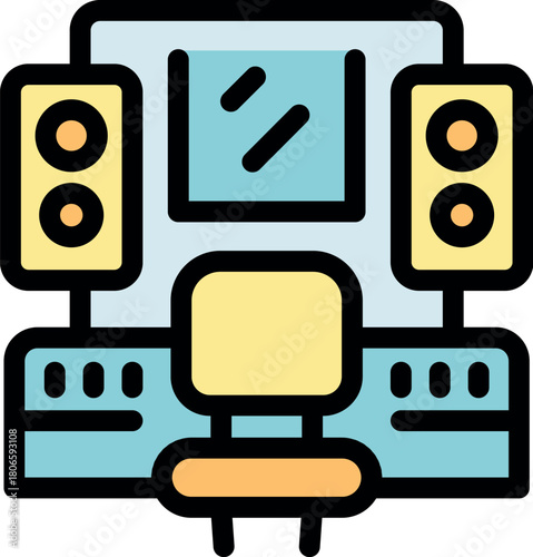 Professional audio workstation featuring mixing console, chair, speakers, and a window, ideal for music production and sound engineering