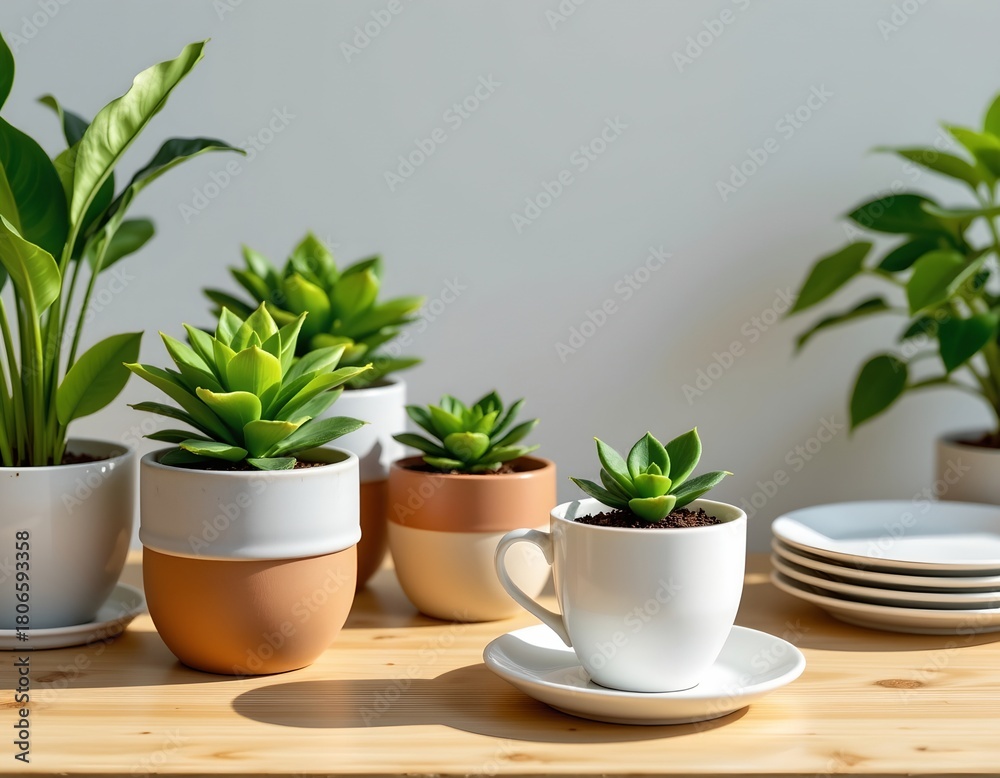 Fototapeta premium Ecofriendly Greenery Display with Reusable Coffee Cups