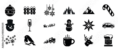 Winter holiday icons: snowflakes, christmas ornaments, reindeer, snowman, and more
