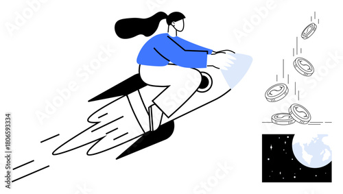 Woman riding a rocket, accelerating towards space with speed lines, coins cascading near Earth in orbit. Ideal for finance, innovation, growth, space exploration, startups, investment futuristic