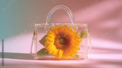 Sunflower in transparent bag with soft pastel background for creative floral design