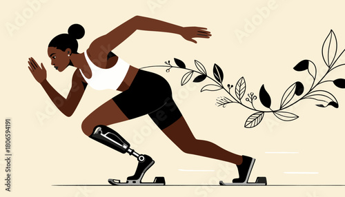 Black woman running with prosthetic leg and leaves in motion  