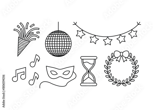 Black and white festive party elements including party horn disco ball star garland masquerade mask hourglass wreath and music notes illustration