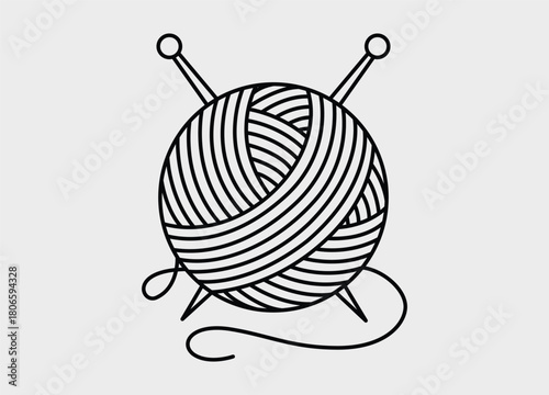 Simple Line Art Illustration of a Yarn Ball with Knitting Needles for Crafting and Hobby Projects