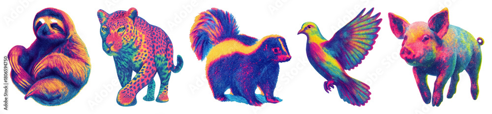 Obraz premium PNG Colorful psychedelic animal illustrations, element set on transparent background