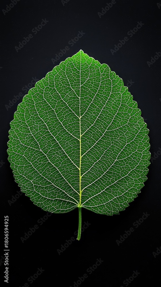 Obraz premium A detailed macro photograph showcases the delicate network of veins on a single green leaf set against a dark, contrasting background.
