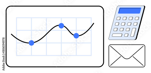 Line chart, calculator, and envelope representing financial trends, data calculation, and business messaging. Ideal for finance, accounting, communication, planning analysis budgeting statistics