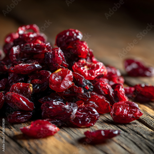 A closeup shot showcases a pile of vibrant, rubyred dried cranberries, their wrinkled surfaces glistening under the warm light, resting on a rustic wooden table