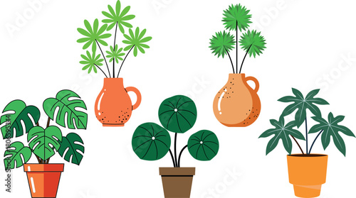 Stylized Potted Plants A Cheerful Collection of Decorative Indoor Plants in Various Pots and Vases Cheerful Indoor Greenery