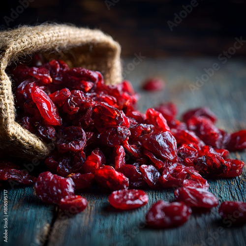 A rustic burlap sack spills forth a vibrant cascade of dried cranberries, their ruby hues glistening against the weathered wooden surface, evoking a sense of natural sweetness