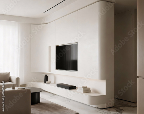 A modern living room interior design with white tv cabinet