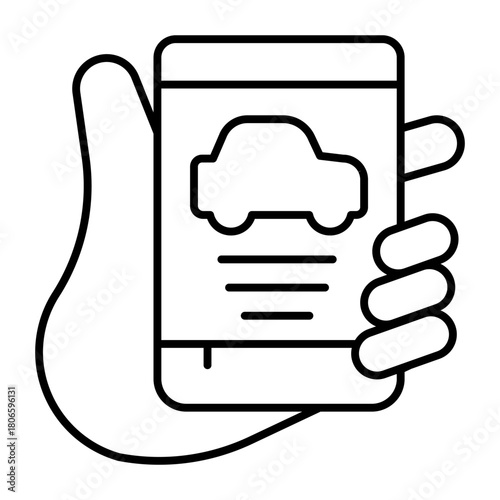 Smartphone with taxi app in hand thin line icon, drivers permit concept. Vector graphics. Hand with phone, driving sign on white background, style icon mobile or web design.