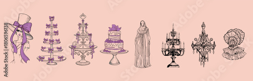 Elegant and Whimsical Illustration with Cakes, Chandeliers, and Fashion Accents on a Pink Background, a Victorian-Inspired Dream