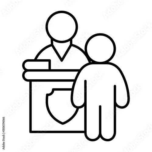 Lawyer man and pedestal with judge thin line icon, jurisprudence concept. Vector graphics. Judge and lawyer with court emblem sign on white background, style icon mobile or web design.