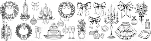Elegant Black and White Line Art Depicting Christmas and Celebratory Elements in a Festive and Refined Arrangement