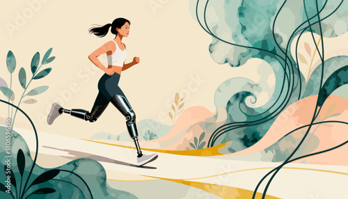 Athletic woman running with prosthetic legs in a vibrant landscape  