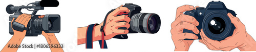 Illustrated Set of Hands Holding Cameras Depicts Different Photography Styles and Equipment for Capturing Images Professionally and Creatively