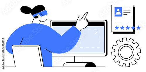 Person working on computer pointing at screen with gear icon and profile document with rating stars. Ideal for HR technology, user analysis, digital tools, workflow management, recruitment, data