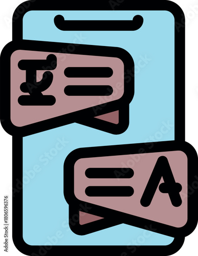Smartphone displaying online language translation app with speech bubbles showing foreign language and english translation