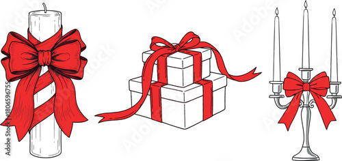 Festive holiday decorations candle gifts and candelabra with red bows