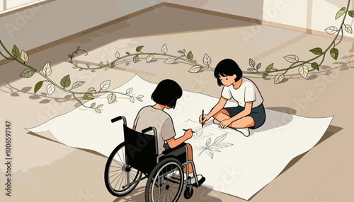 Two girls drawing together on a large sheet of paper indoors  