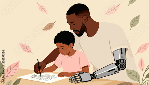Father and son drawing together with robotic arm support indoors  