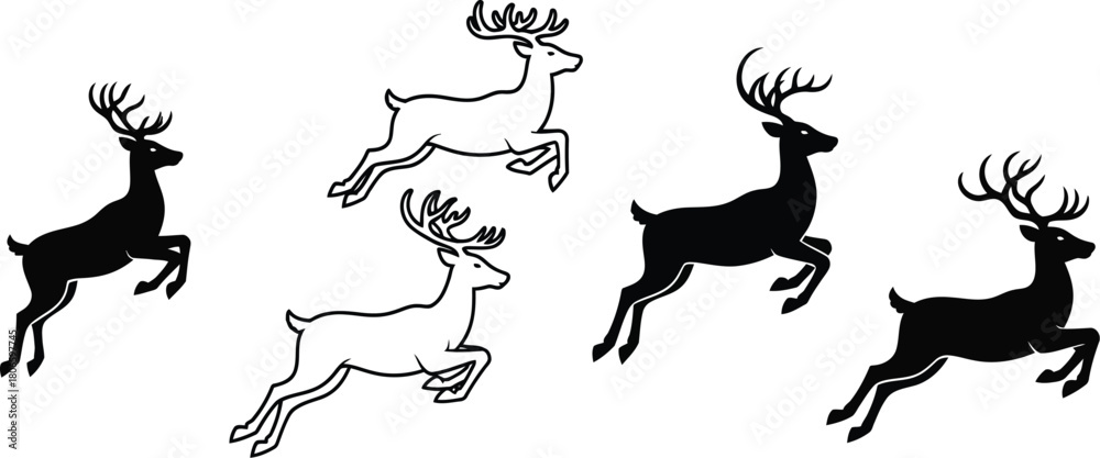 Naklejka premium Group of four black and white deer running in different directions on white background