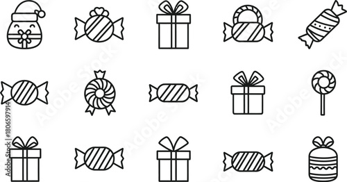 Assorted colorful candies and gifts on white background